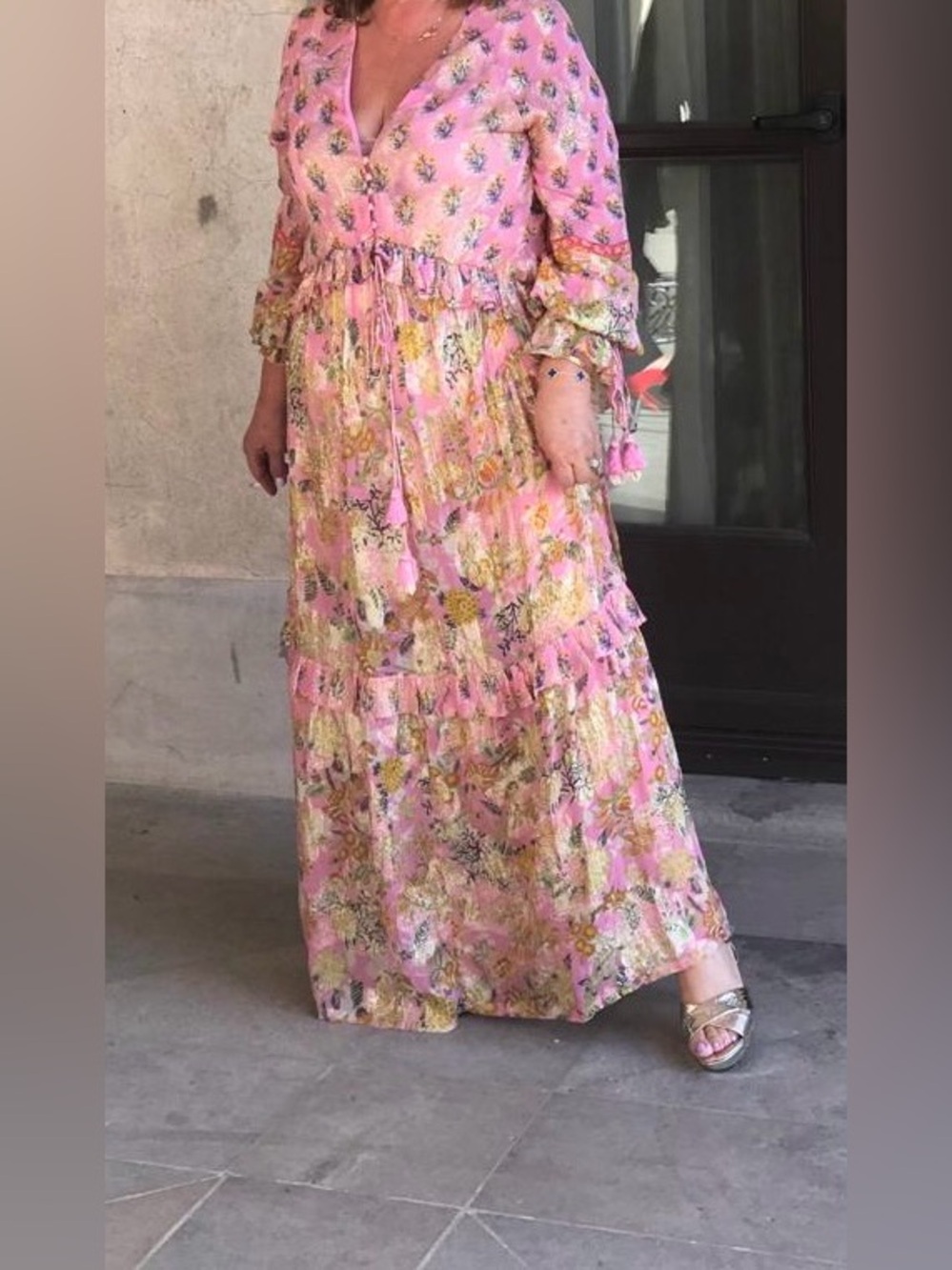 HEMANT & NANDITA Pink Floral Tiered Maxi Dress with Tassel Waist